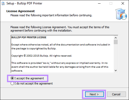 accepter le contrat de licence pour l'imprimante PDF Bullzip
