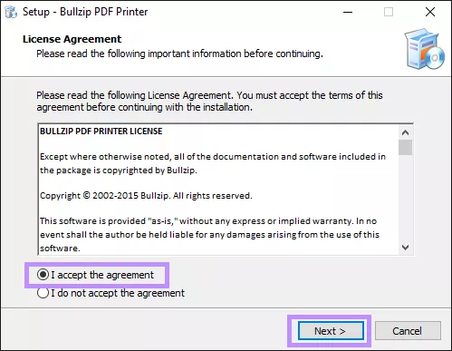 accept the license agreement for bullzip pdf printer