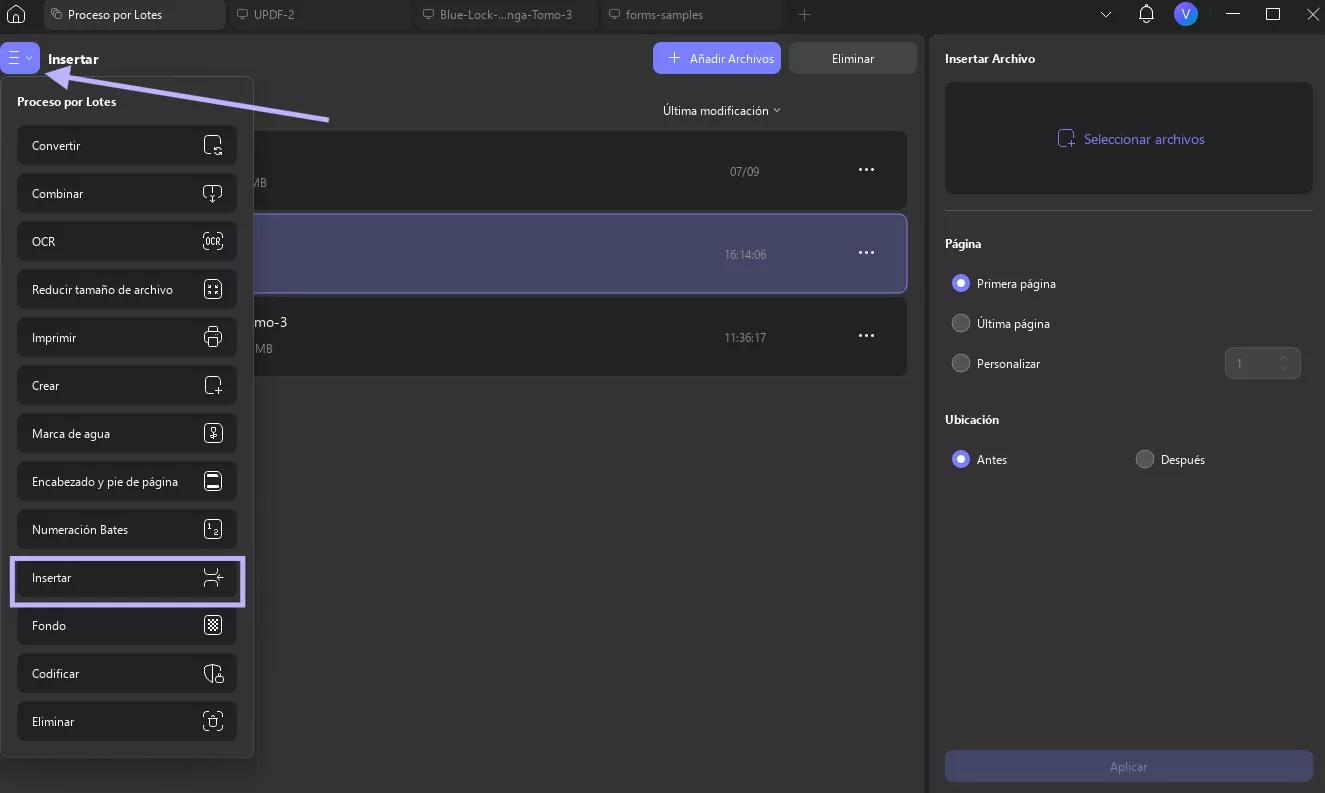 Acceder y localizar la función de inserción por lotes en UPDF de Windows 2