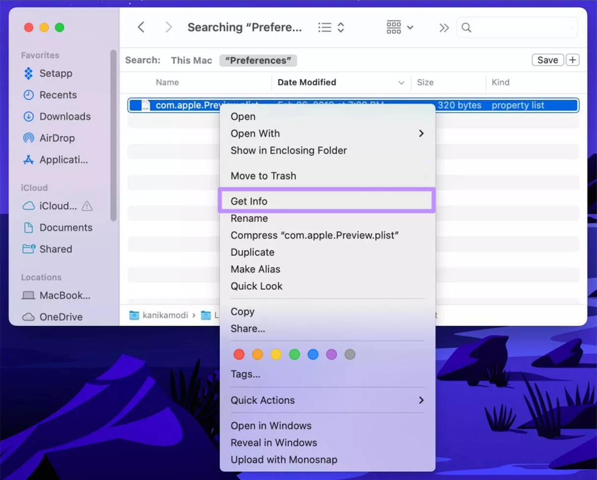 access the get info option mac