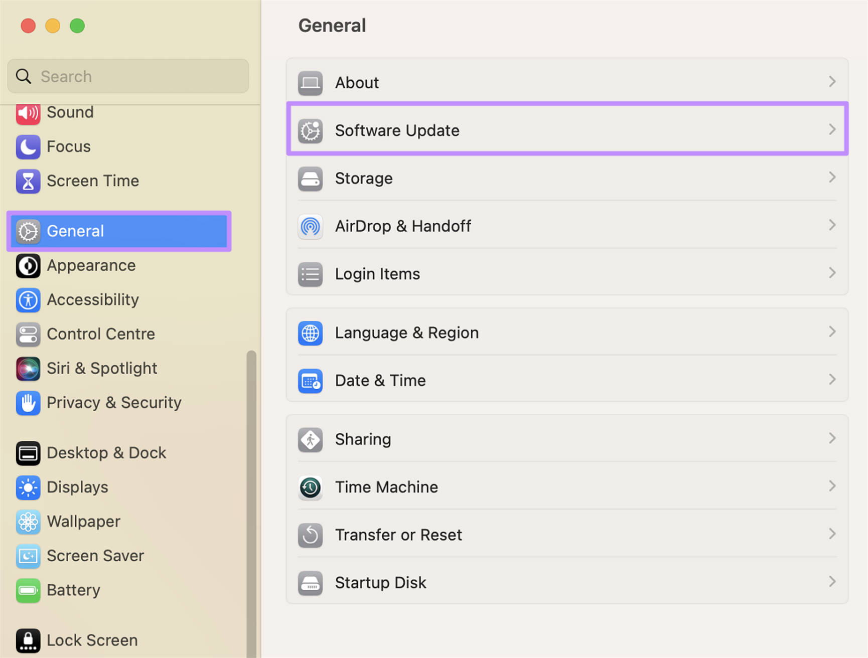  access the software update screen mac