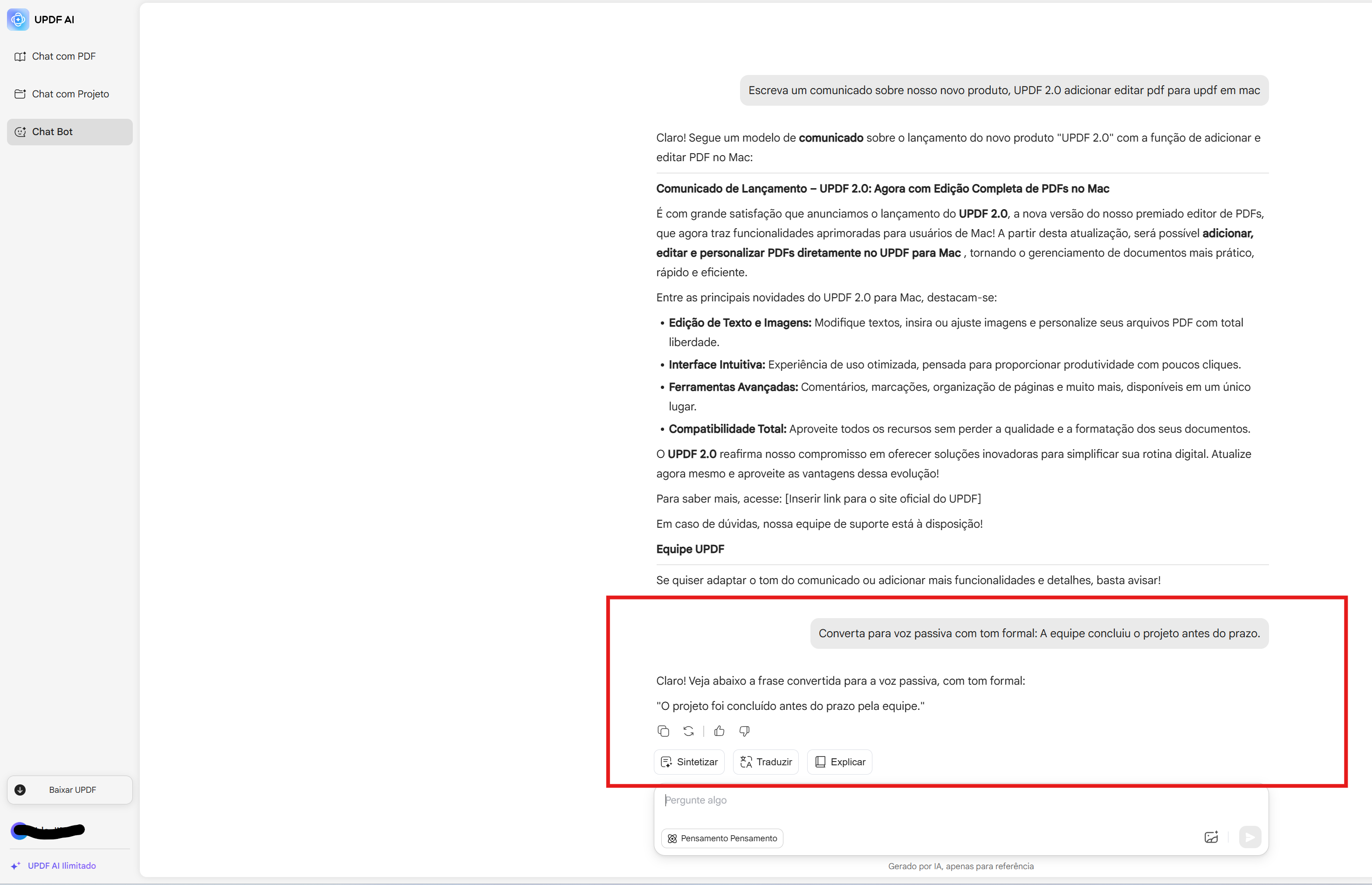 UPDF AI converter voz ativa para passiva no Windows