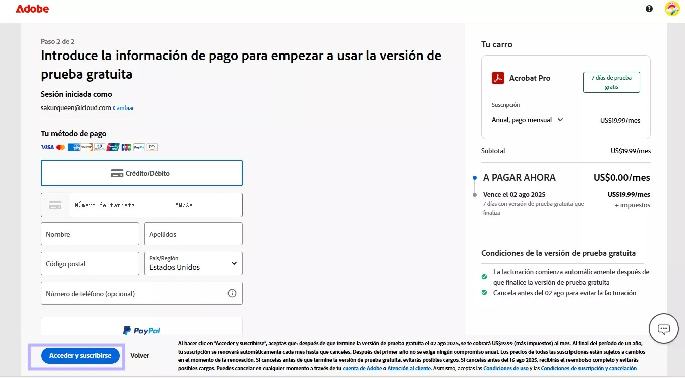 Agrega la tarjeta y pulsa suscribirse en Acrobat