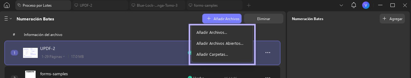 Agregar archivos a numeración por lotes updf windows 2
