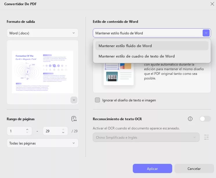 Ajustar la configuración de estilo de conversión de UPDF en Windows