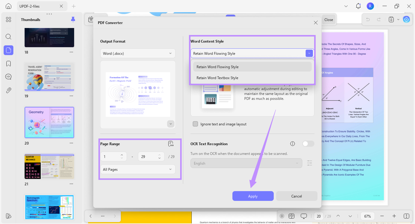 adjust pdf to word converter settings updf windows