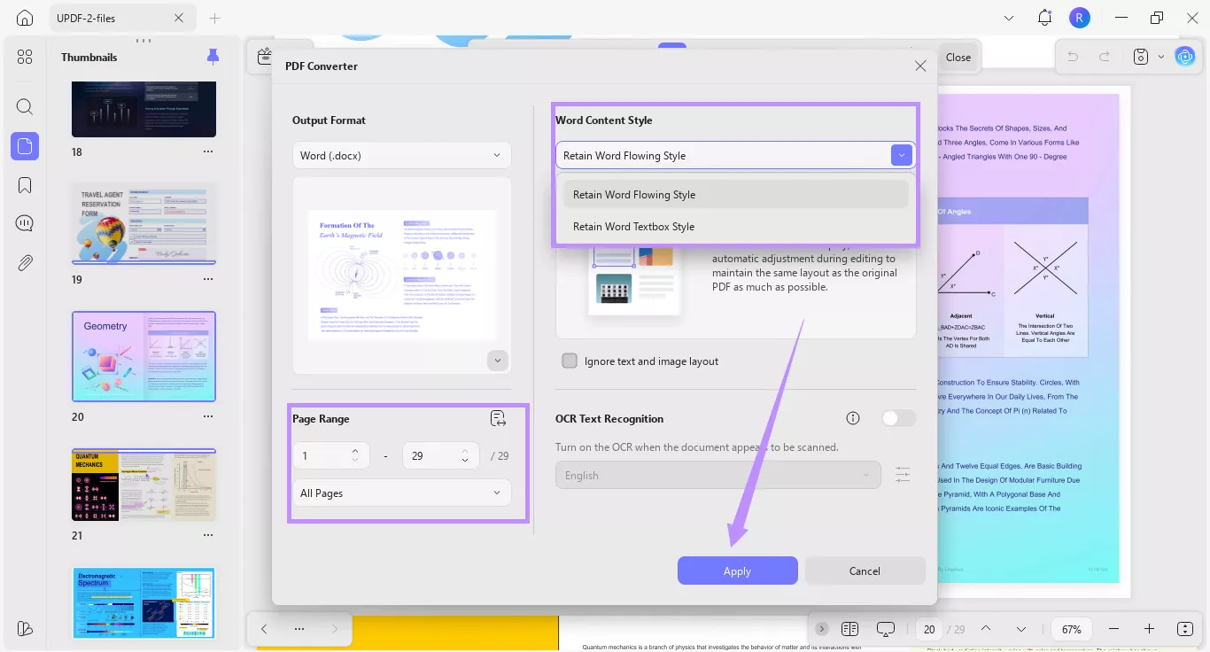 adjust pdf to word converter settings updf windows