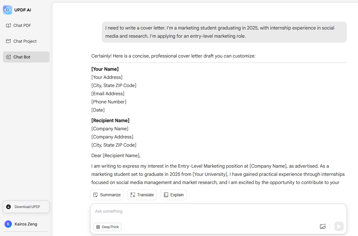 UPDF AI ai cover letter generator