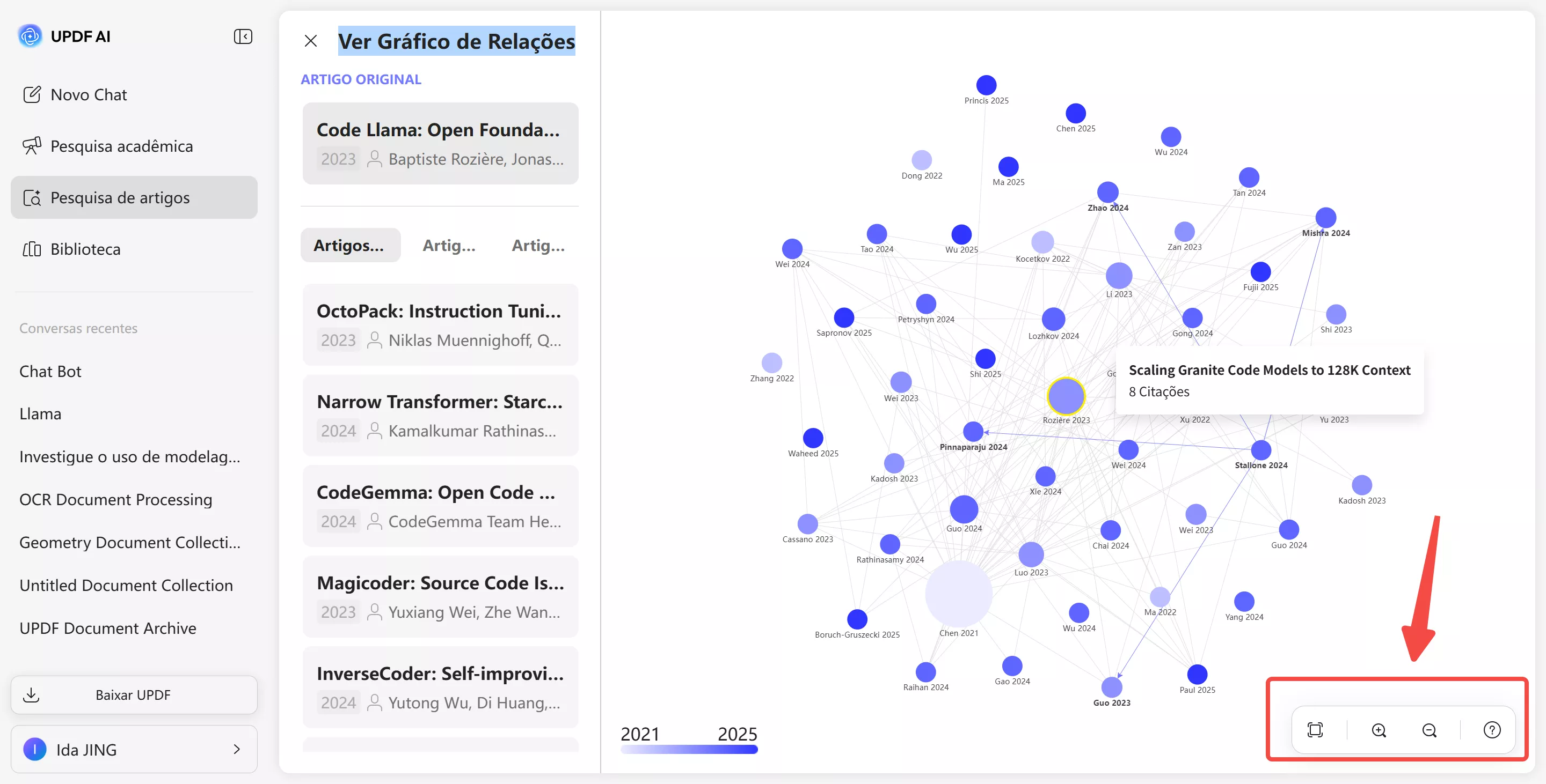 usar esses botões para ampliar e deslocar a visualização e explorar toda a rede de citações e tópicos