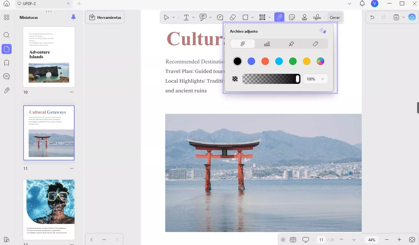 Haga clic en la herramienta para adjuntar archivos