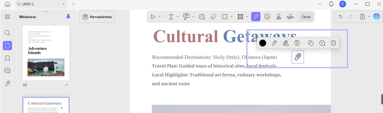 Haga clic en la herramienta para adjuntar archivos