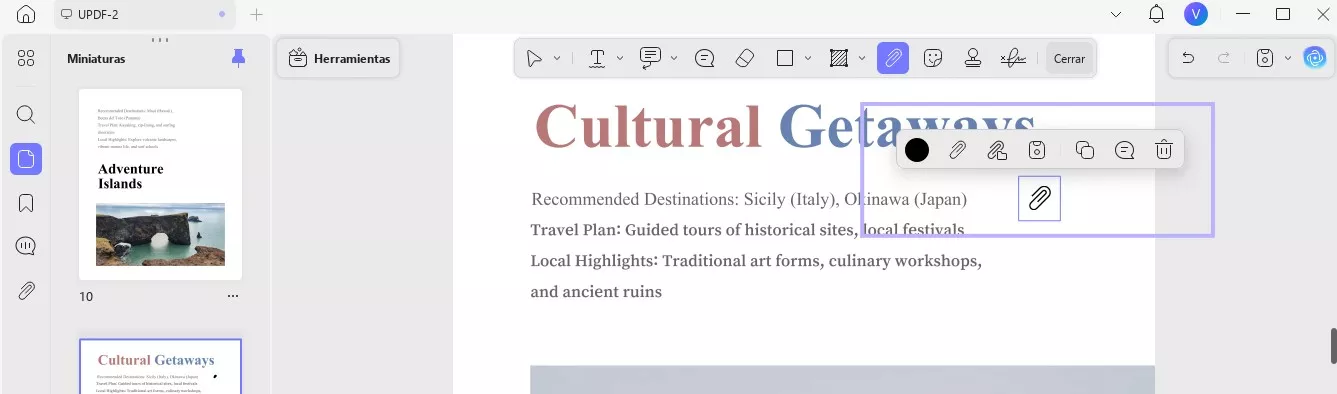 Haga clic en la herramienta para adjuntar archivos
