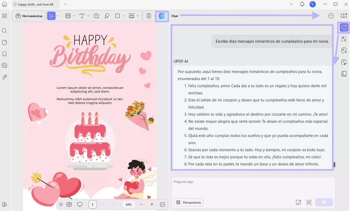 Escribe diez mensajes románticos de cumpleaños para mi novia.