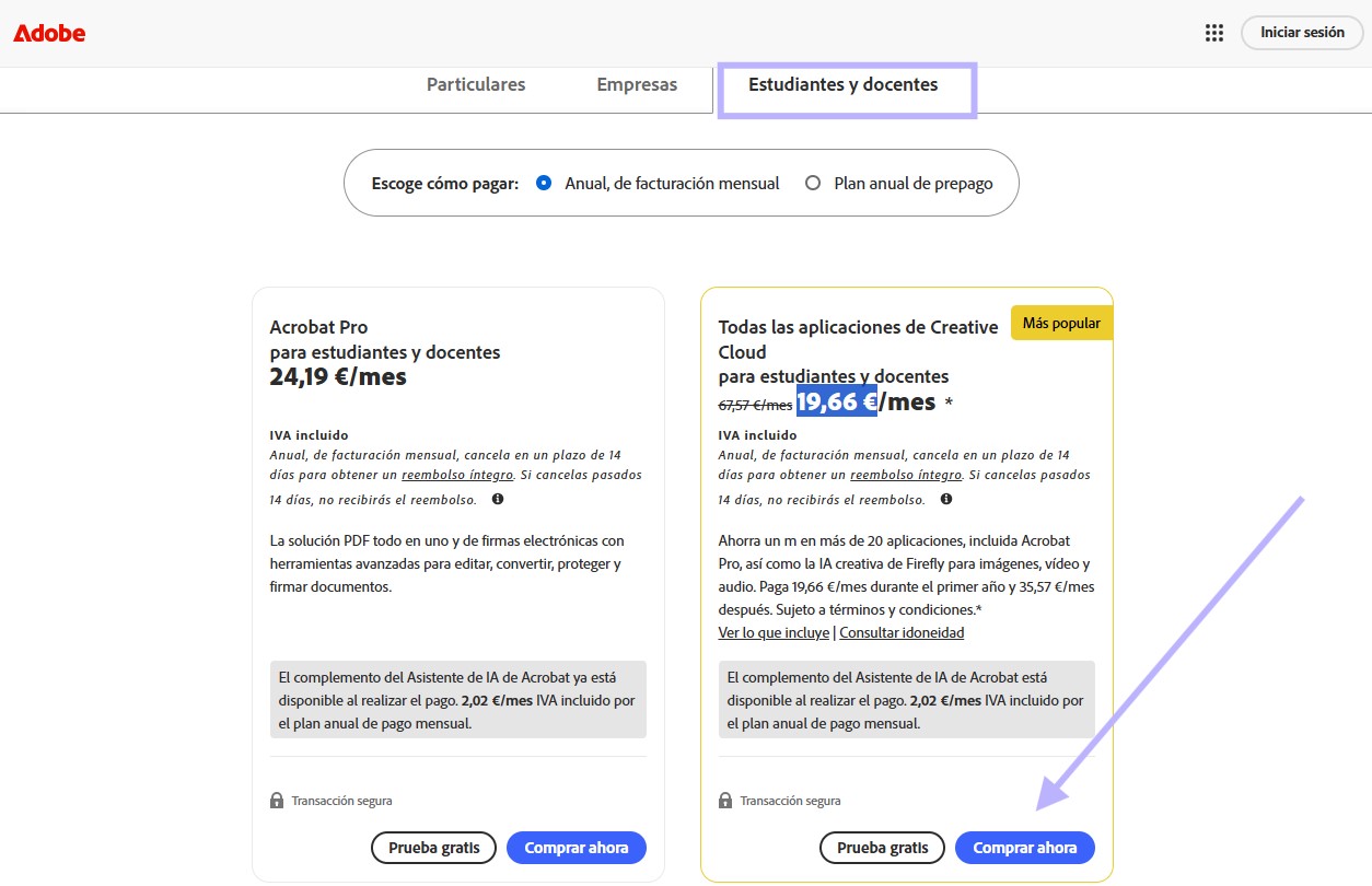 Compra el plan para estudiantes y profesores de Acrobat