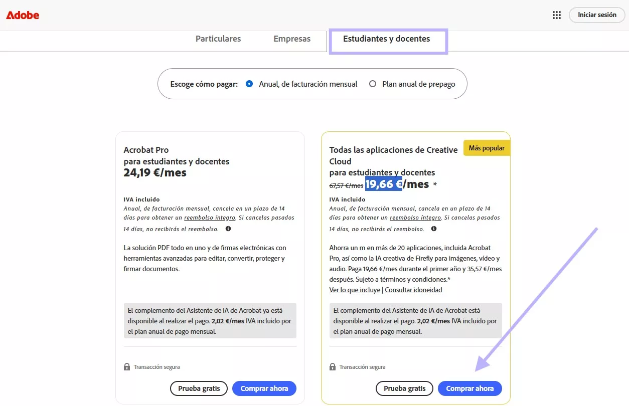 Compra el plan para estudiantes y profesores de Acrobat