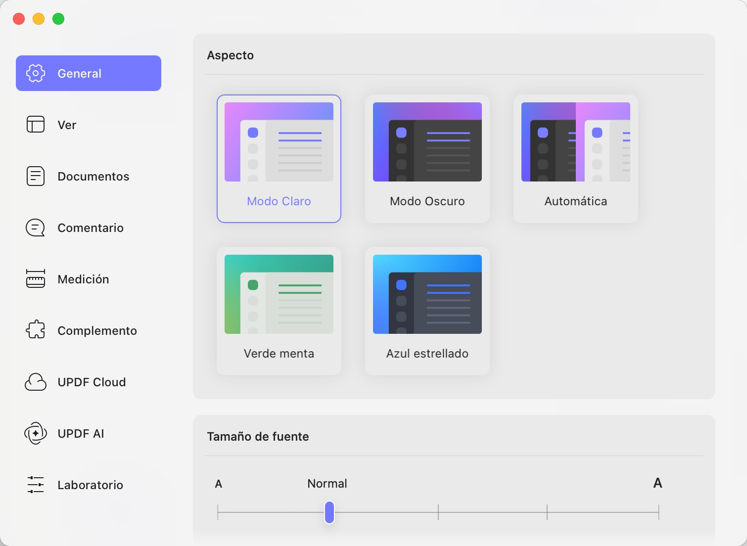 cambiar apariencia y tamaño de fuente updf mac