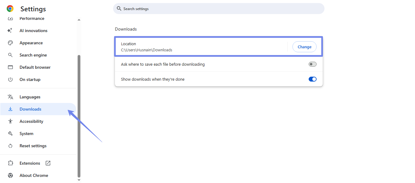change the download location chrome