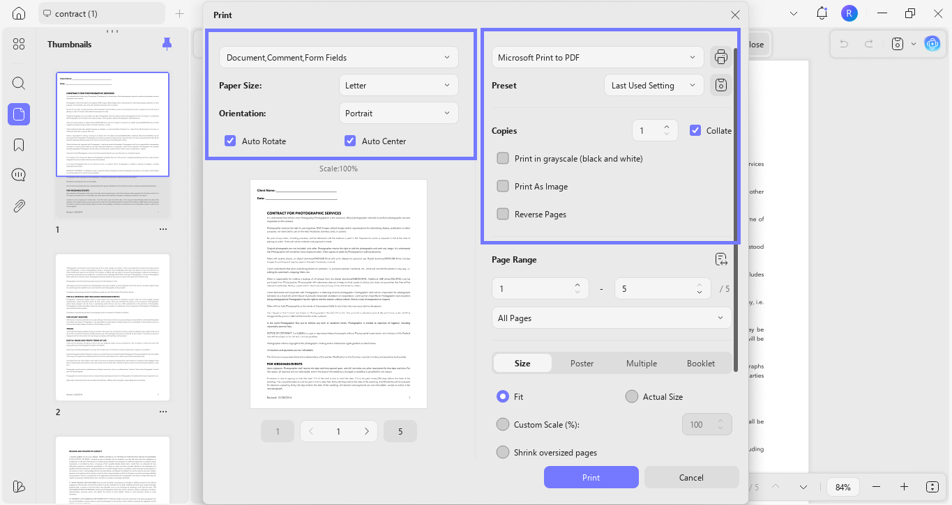 change the paper settings updf windows
