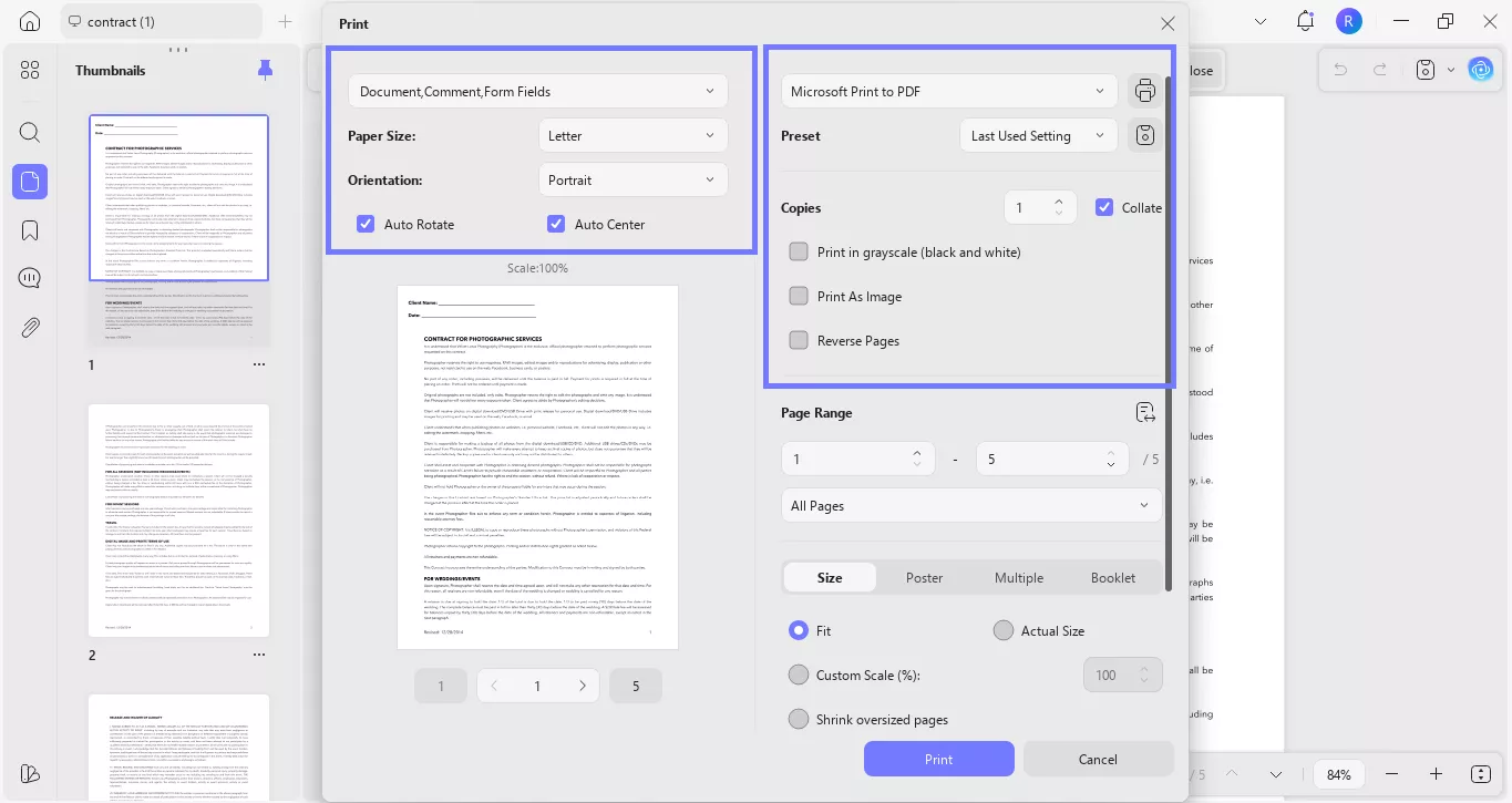 change the paper settings updf windows