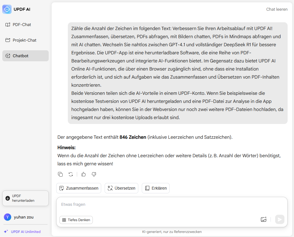 UPDF AI Zeichenzähler