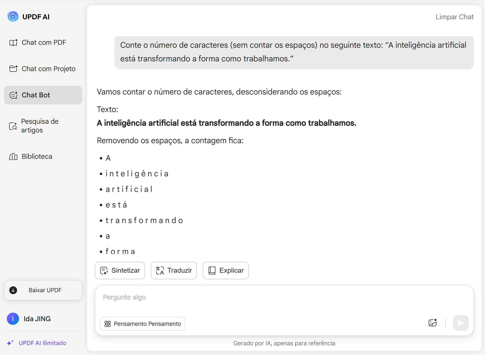 Contador de caracteres UPDF AI