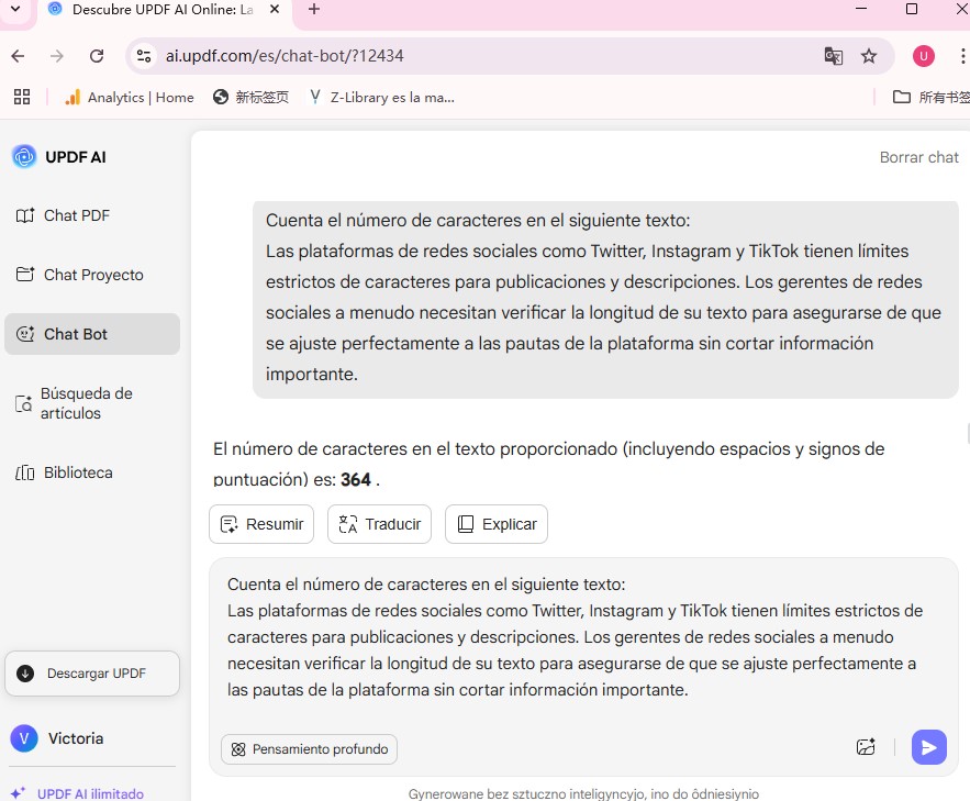 Contador de caracteres UPDF AI