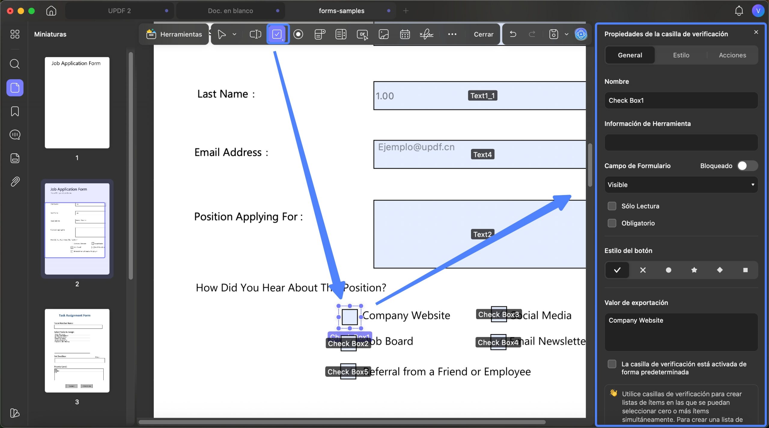 Insertar casilla de verificación en formulario PDF (uPDF) para Mac