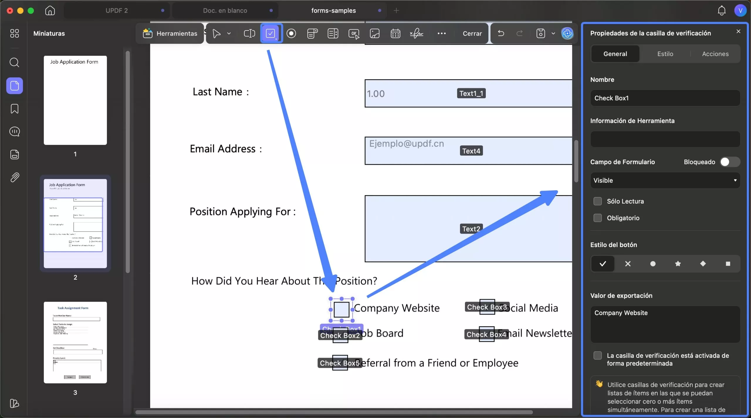 Insertar casilla de verificación en formulario PDF (uPDF) para Mac