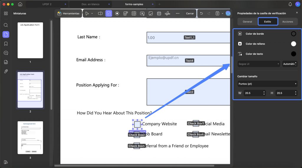 estilo casilla verificación updf mac