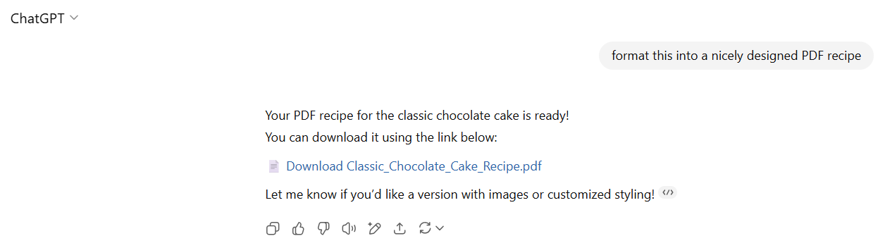 chocolate cake recipe to pdf chatgpt
