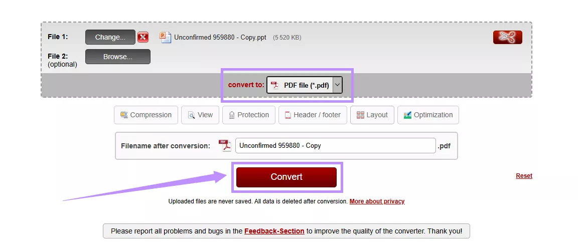 choose pdf file and click convert online2pdf