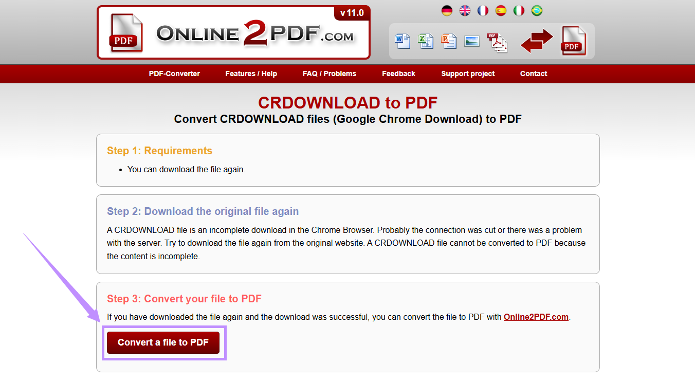 click convert a file to pdf online2pdf