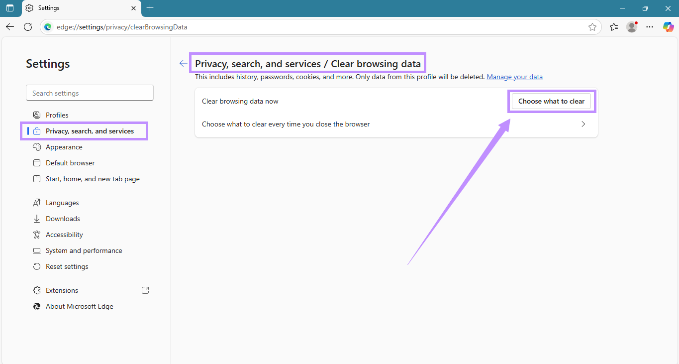 click on choose what to clear edge