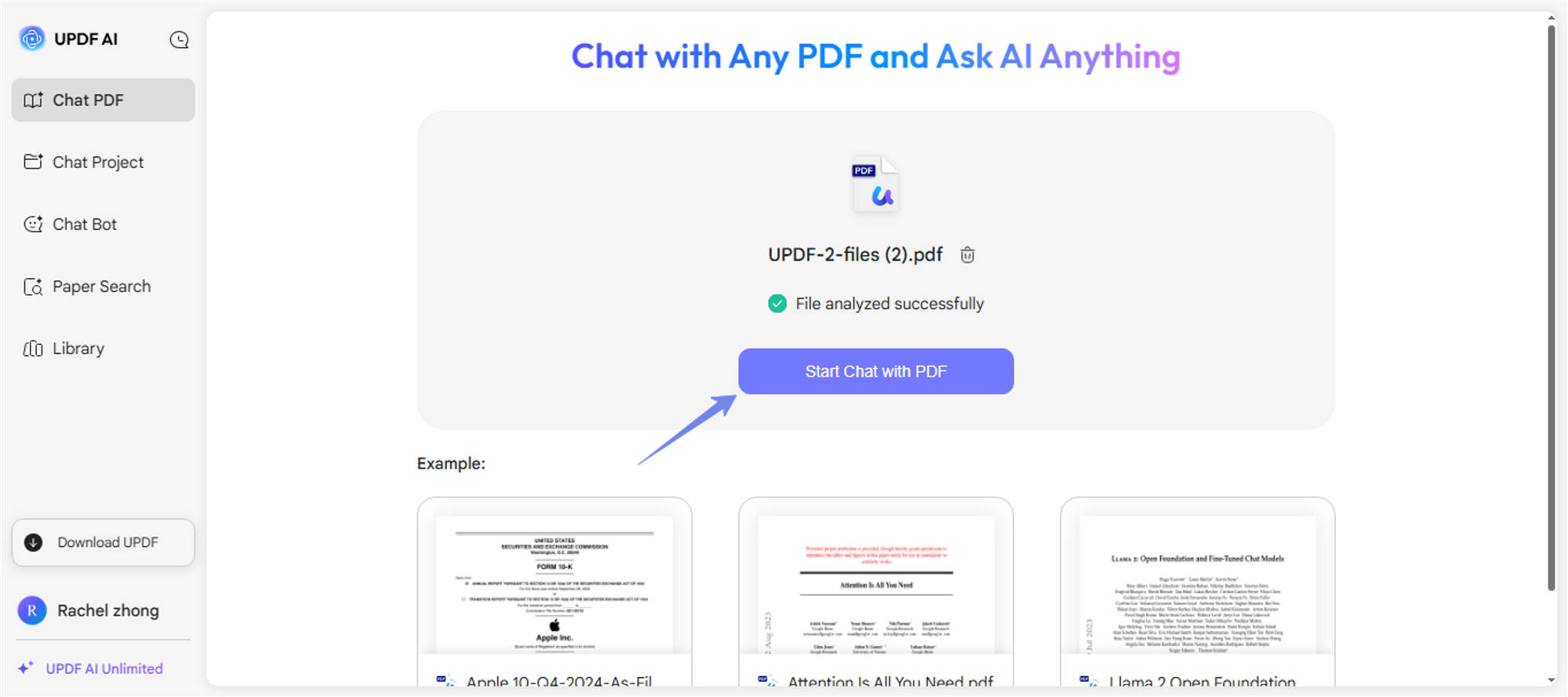 click start chat with pdf with updf ai online