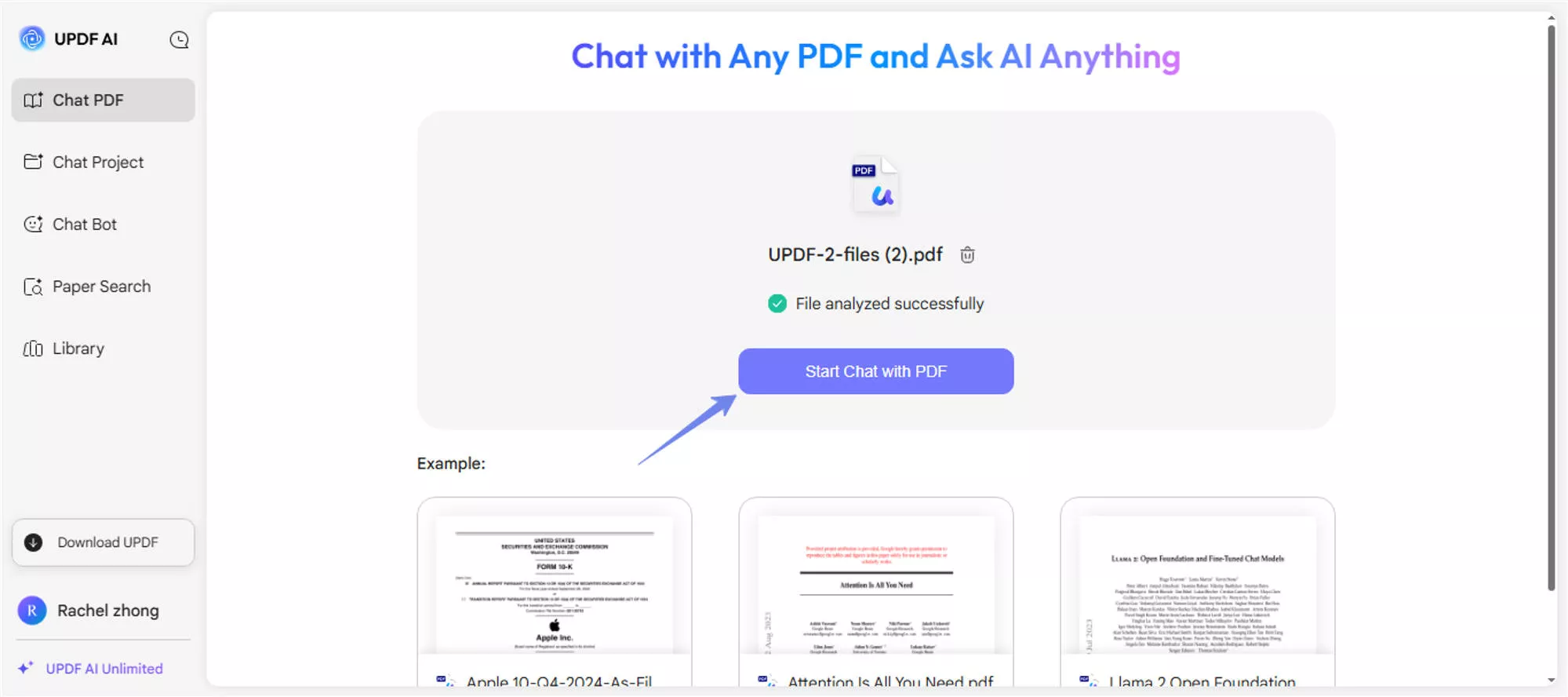 click start chat with pdf with updf ai online