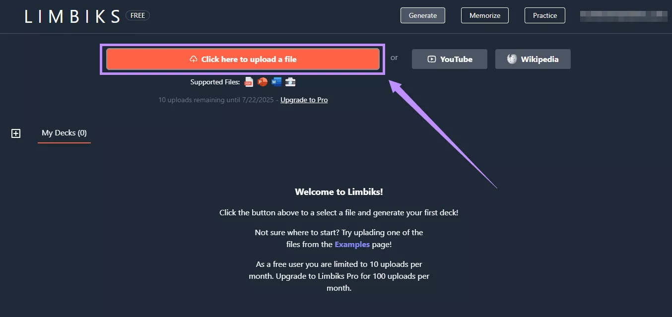 click to upload the file Limbiks