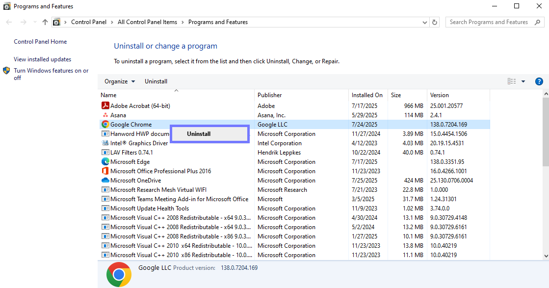click uninstall for chorme