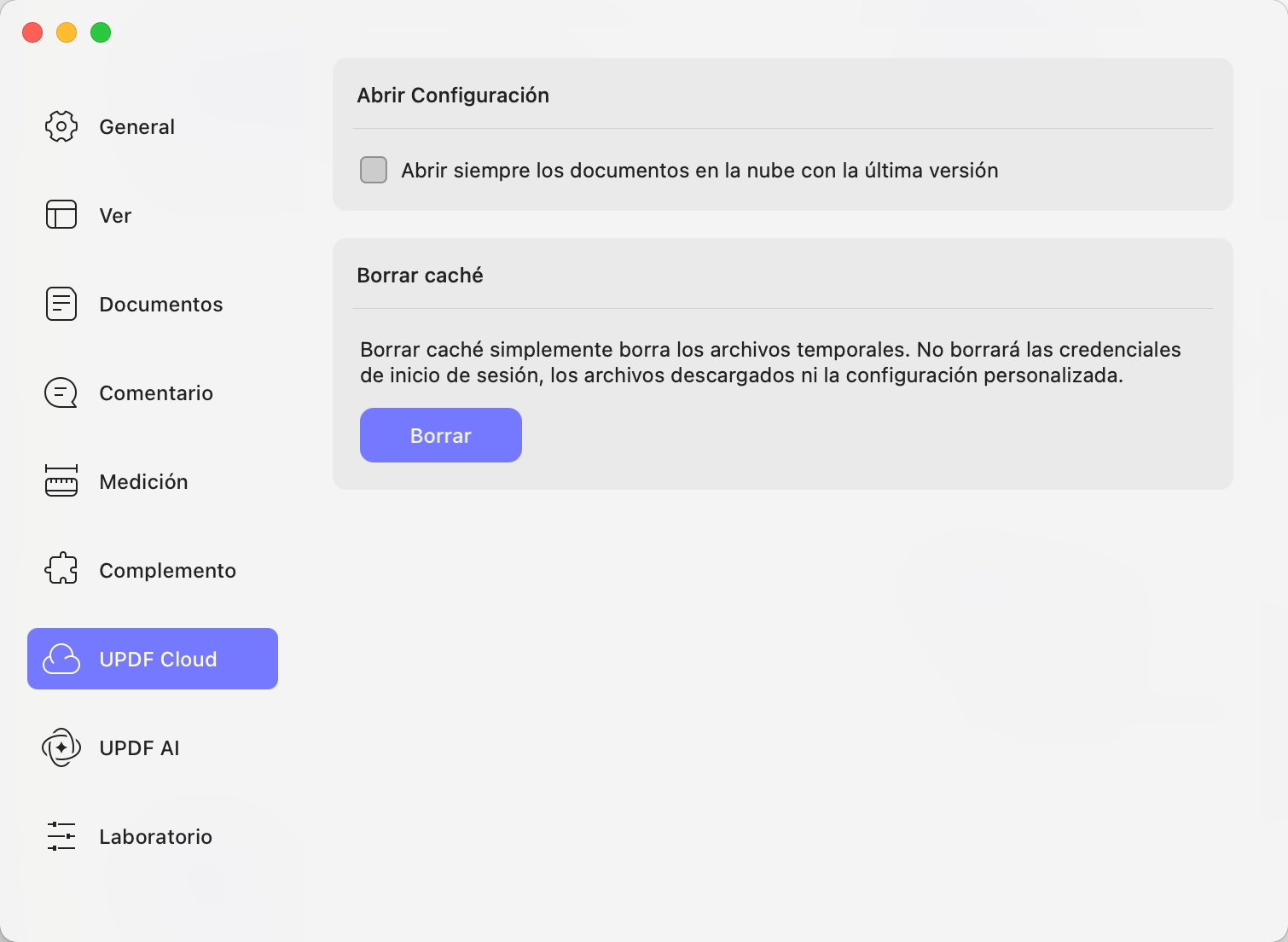 Preferencias de la nube uPDF para Mac