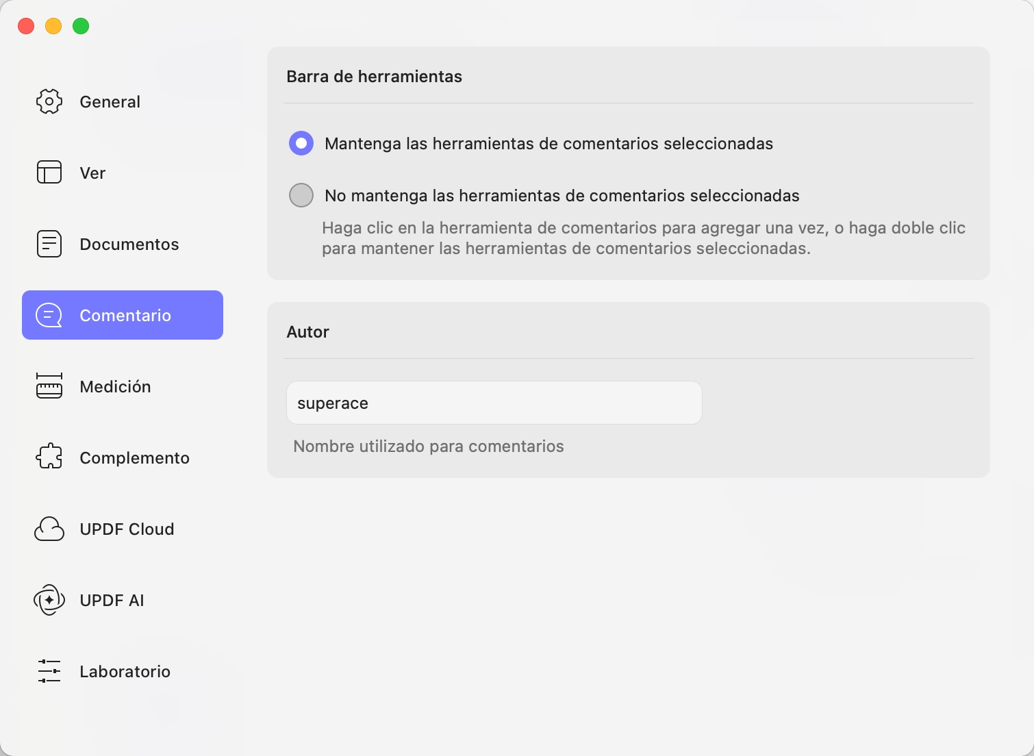 preferencias de comentarios updf mac