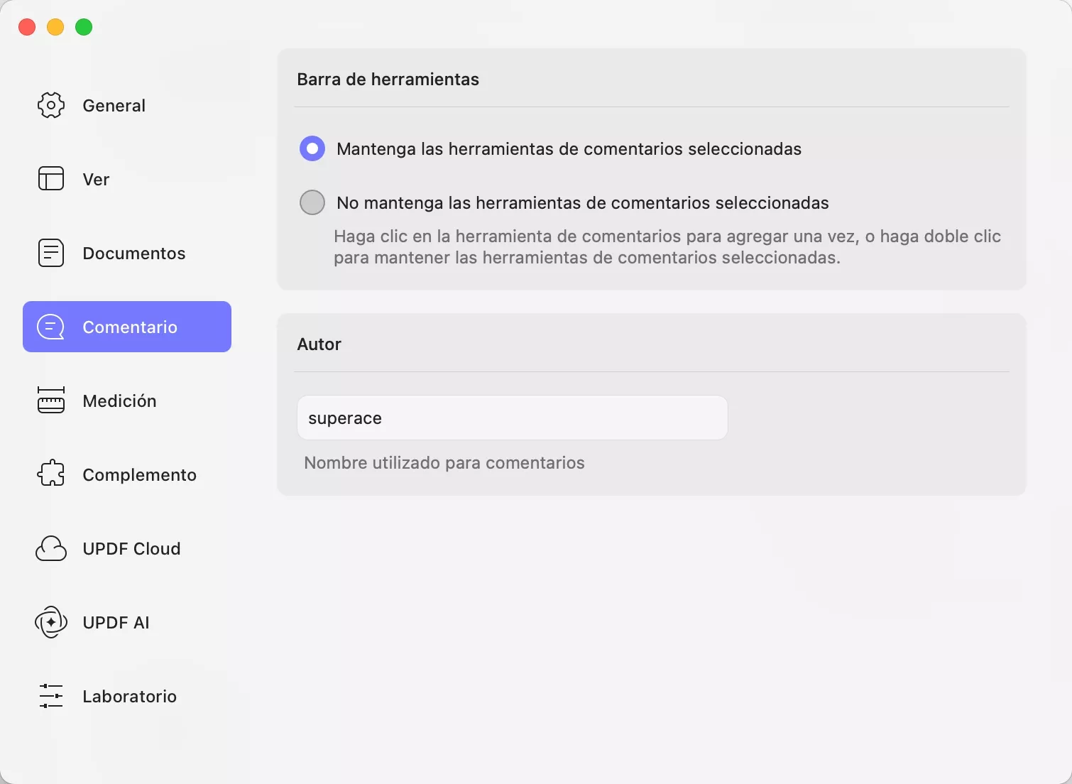 preferencias de comentarios updf mac