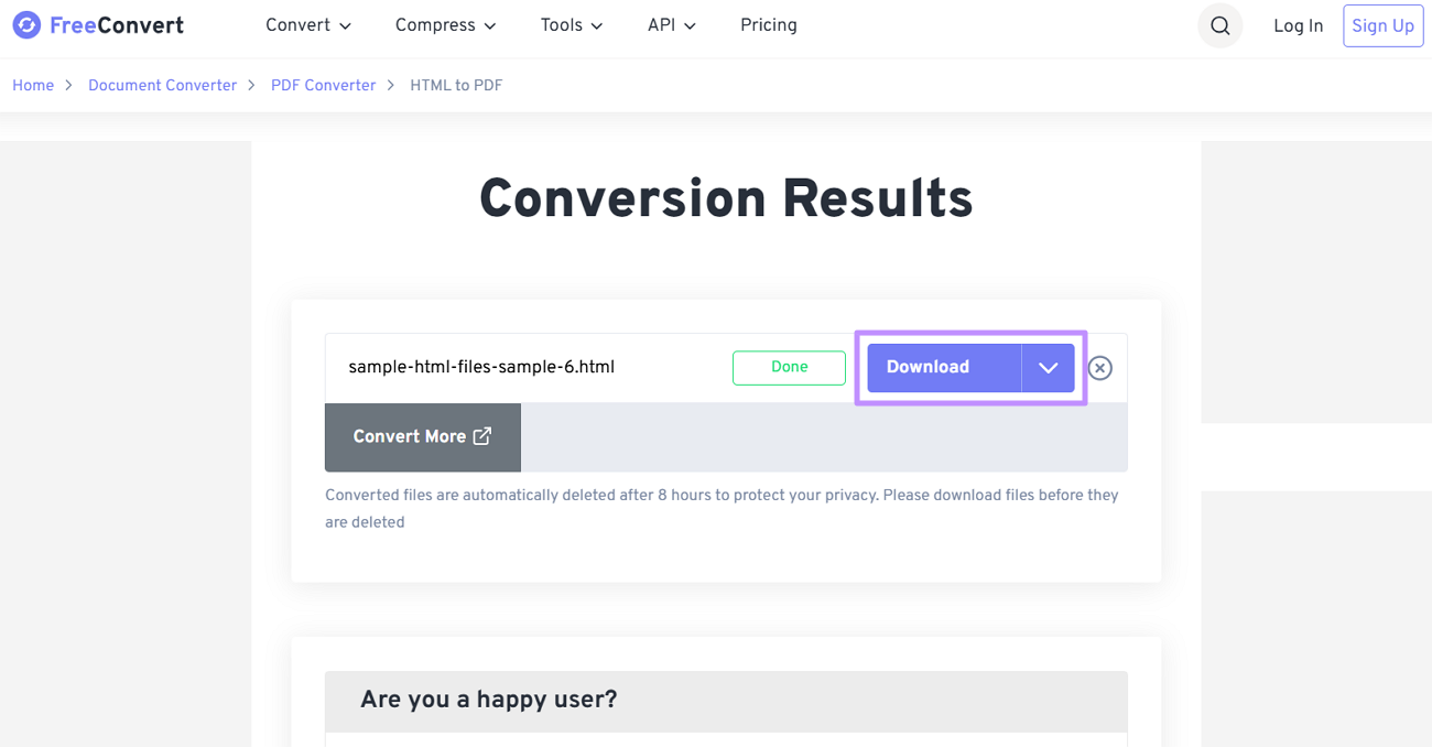 convert html to pdf in freeconvert