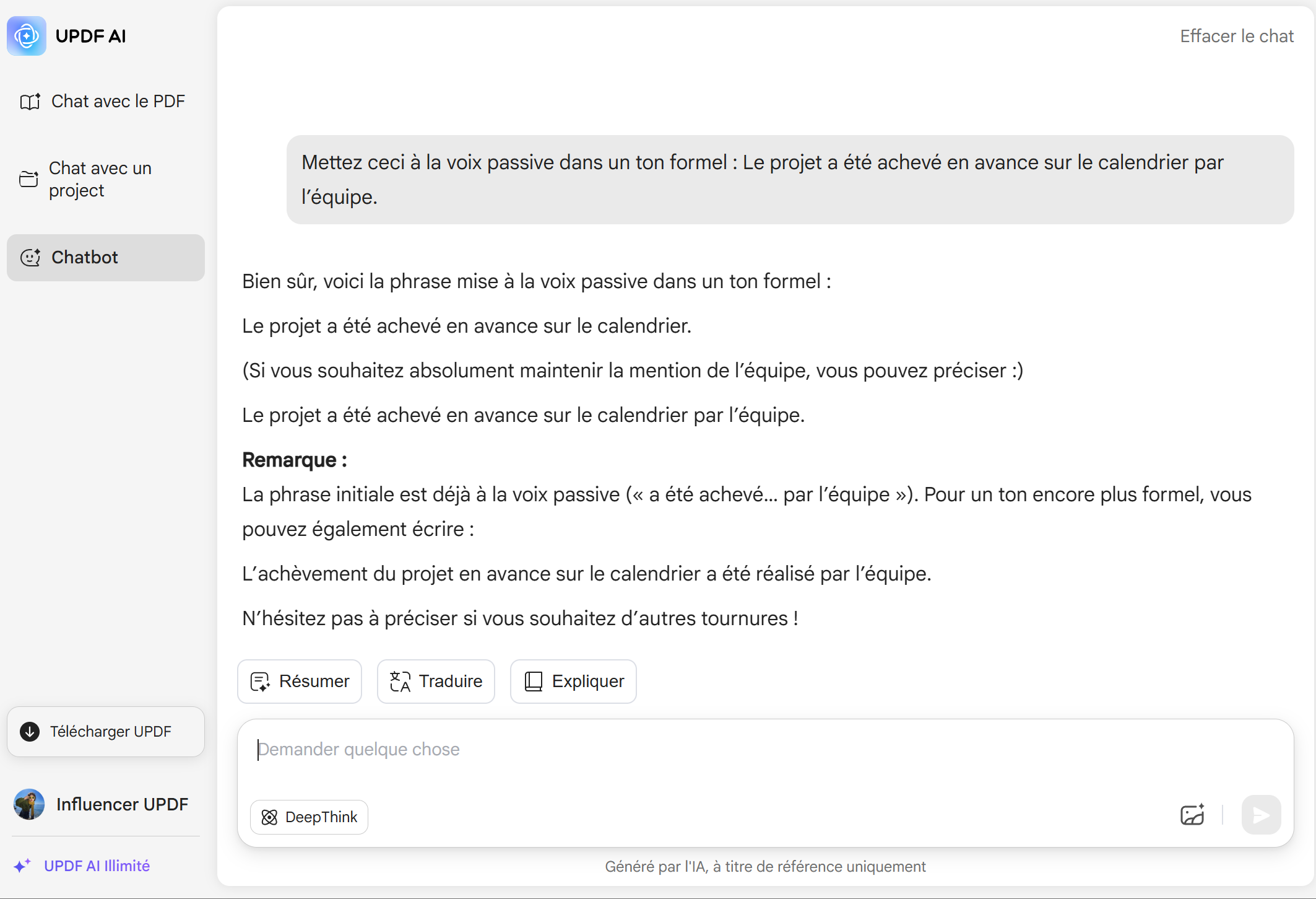 UPDF AI Convertisseur de voix active à passive sur Windows