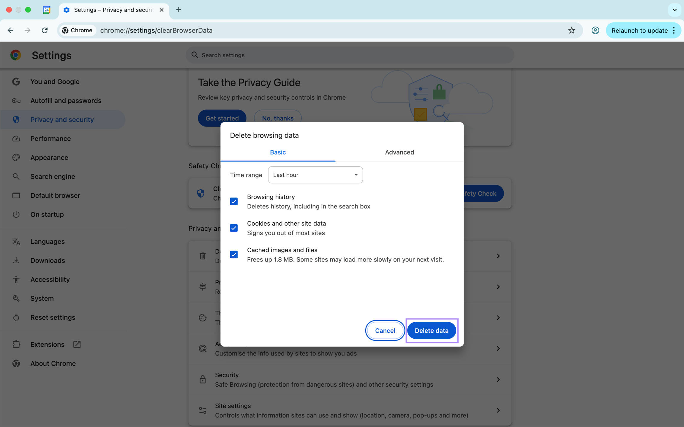 cookies and other site date to delete chrome