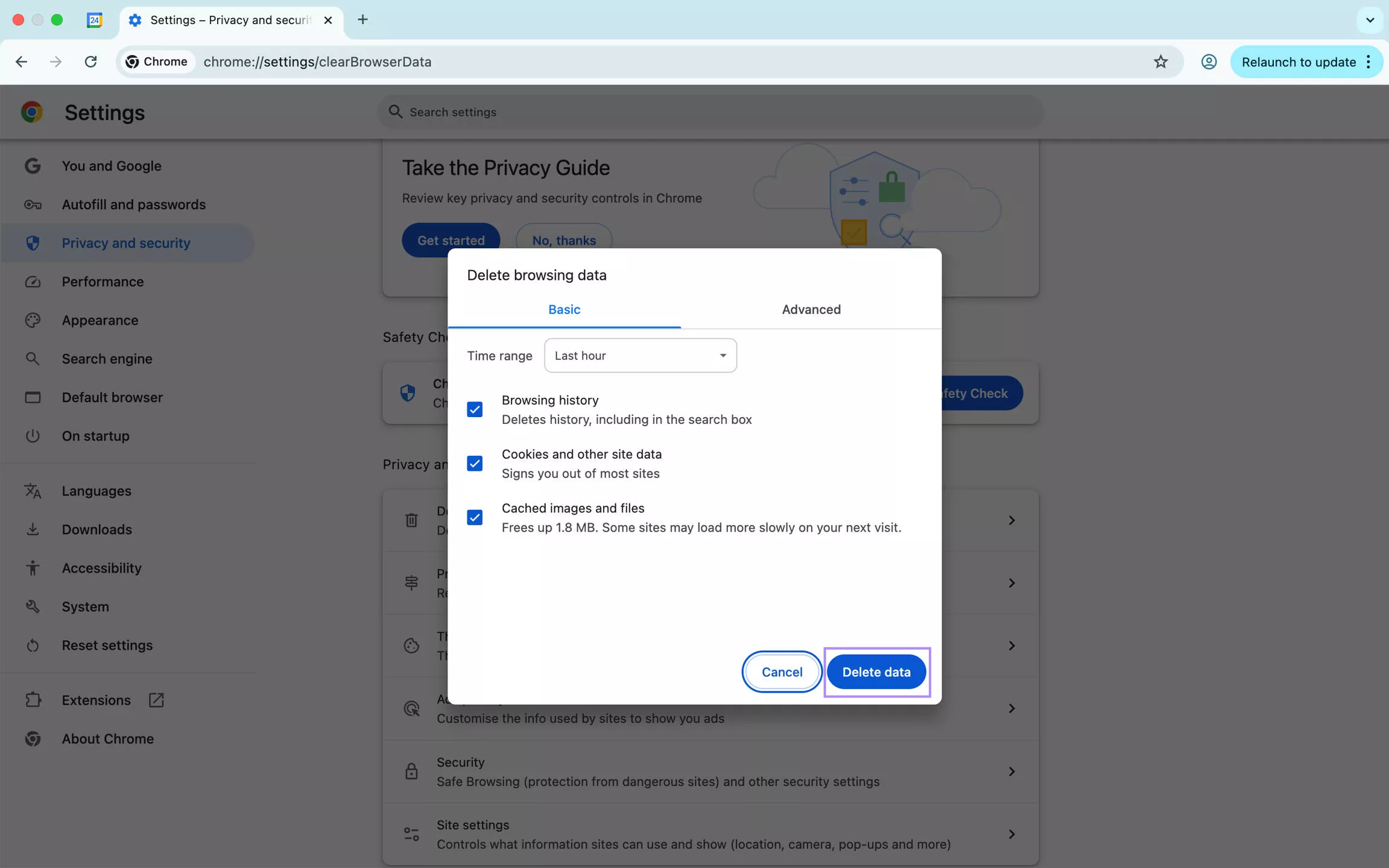 cookies and other site date to delete chrome