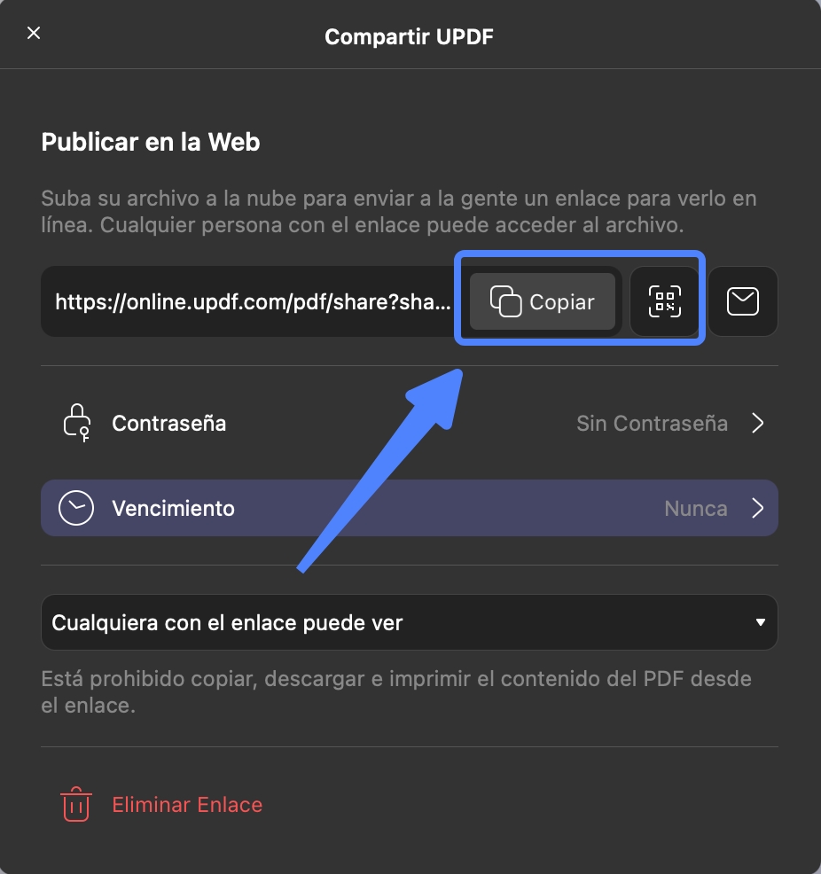 copiar enlace o código QR para pdf updf mac