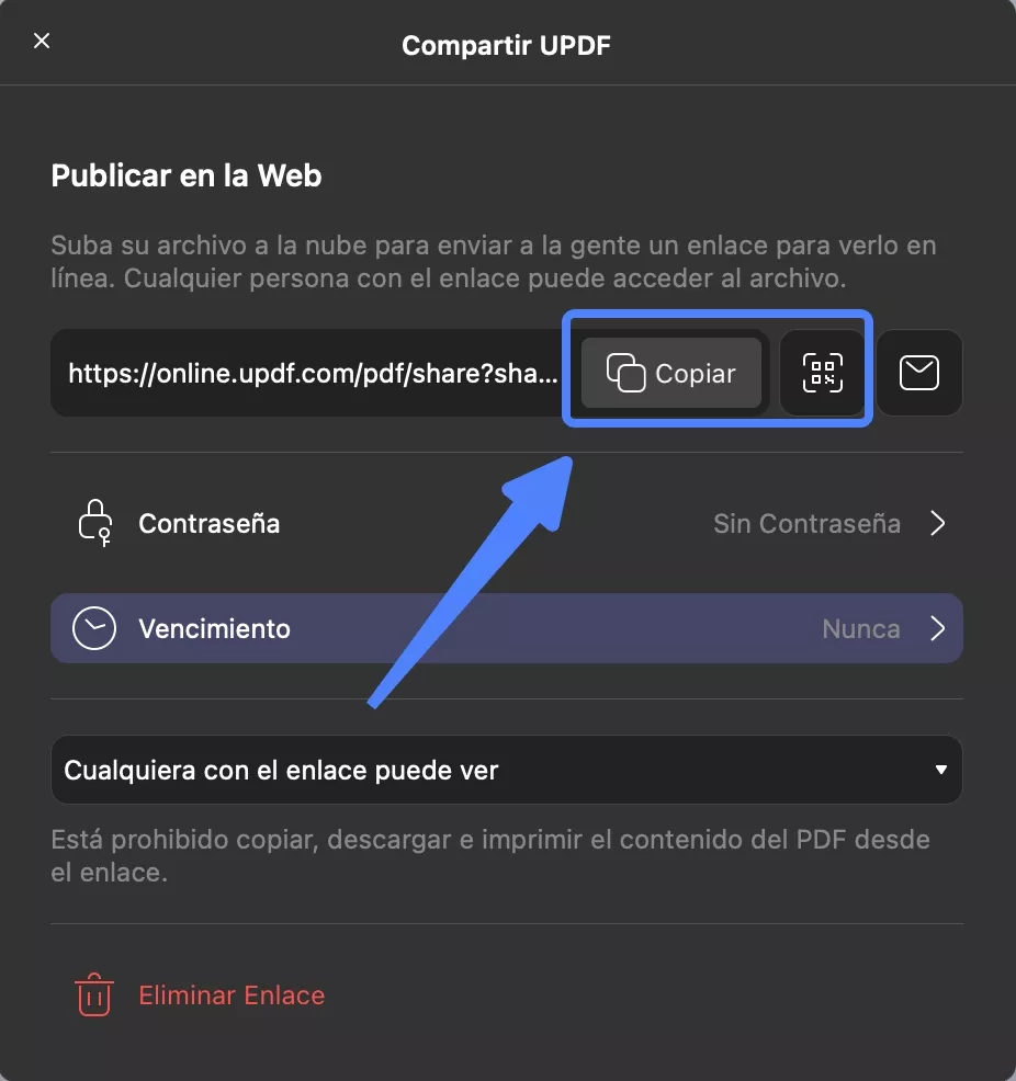 copiar enlace o código QR para pdf updf mac
