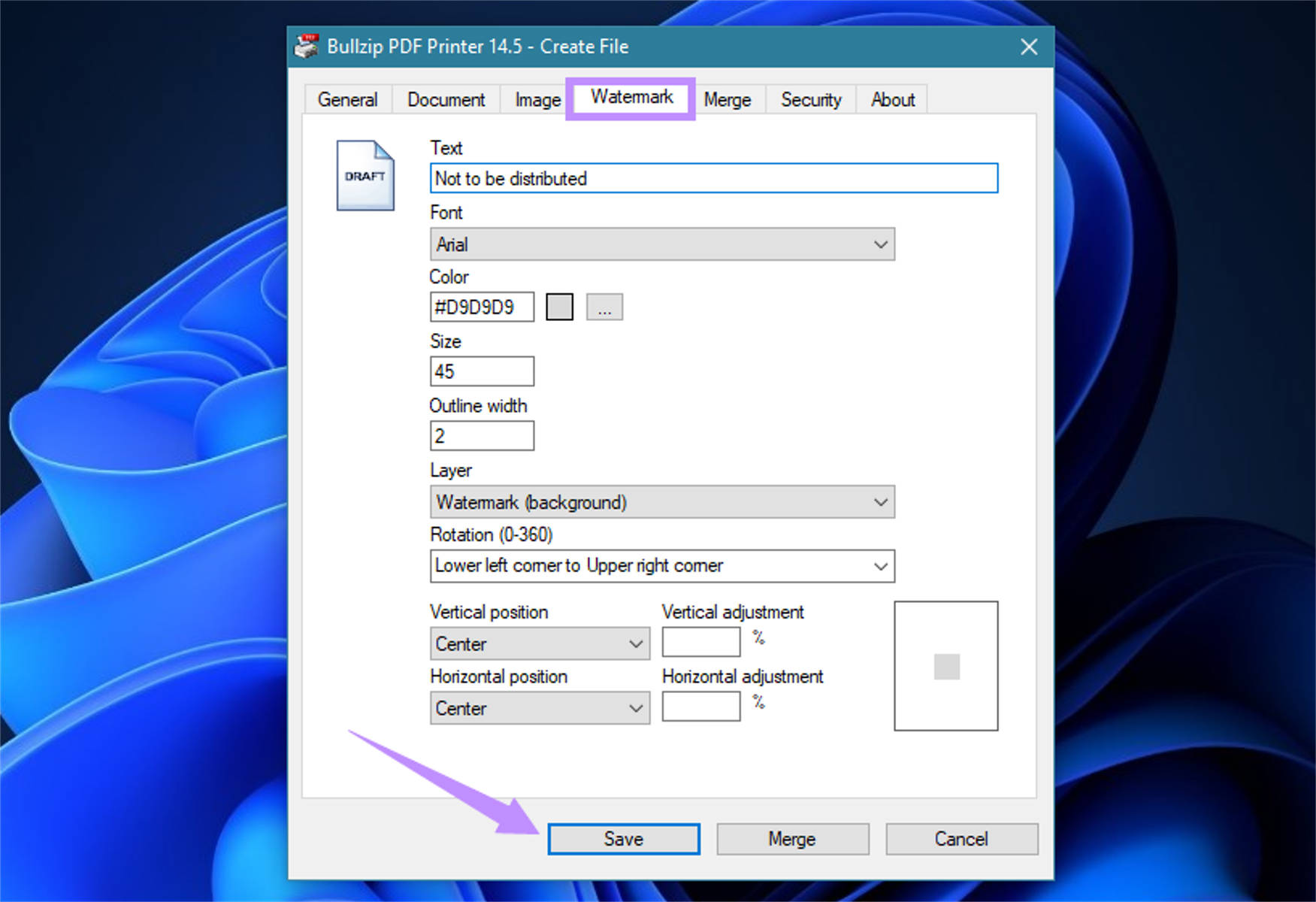 Créer et enregistrer le filigrane Bullzip PDF Printer.