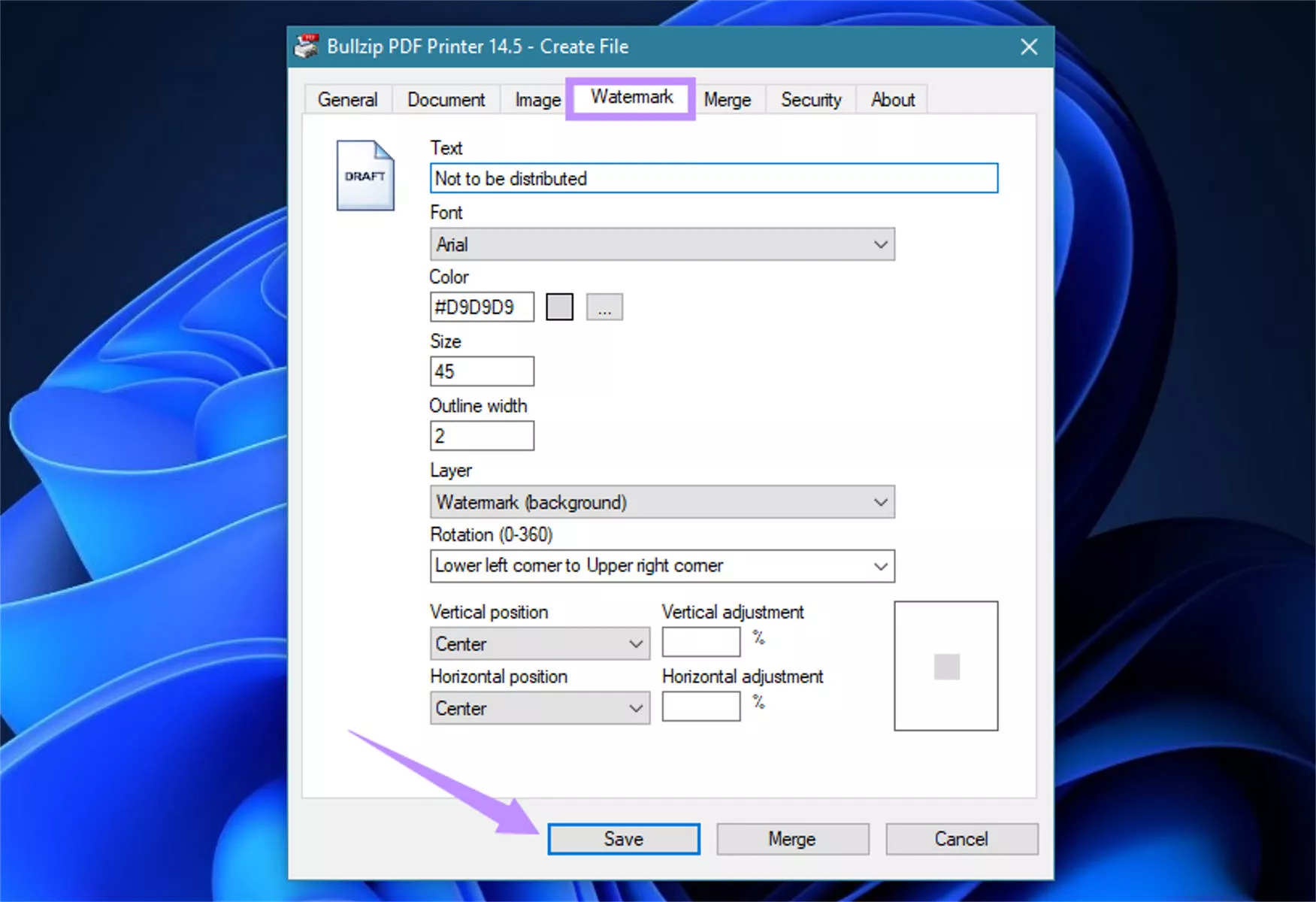 create and save the watermark bullzip pdf printer