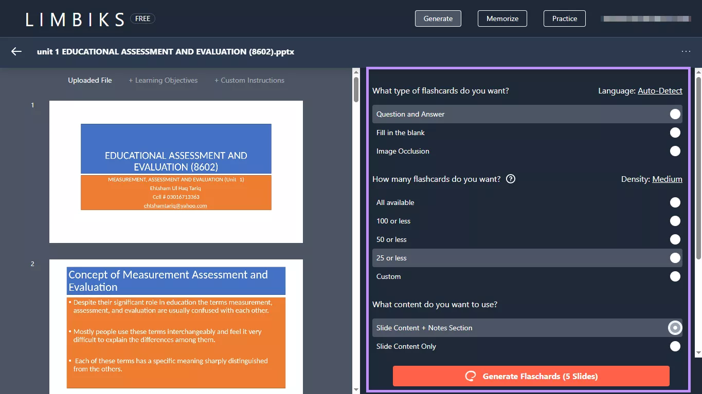 customize and generate flashcards Limbiks
