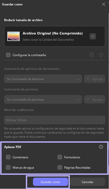 Definir la configuración de aplanar PDF en UPDF Windows 2